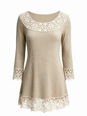 Cal Style Beige and Ivory Lace Trim Tunic Top Size Large Boho Crochet